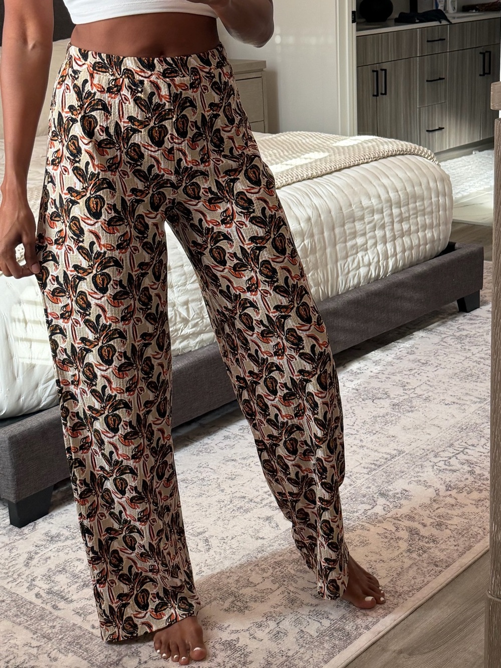 Zara Floral Wide-Leg Pants in Cream, Black, Brown